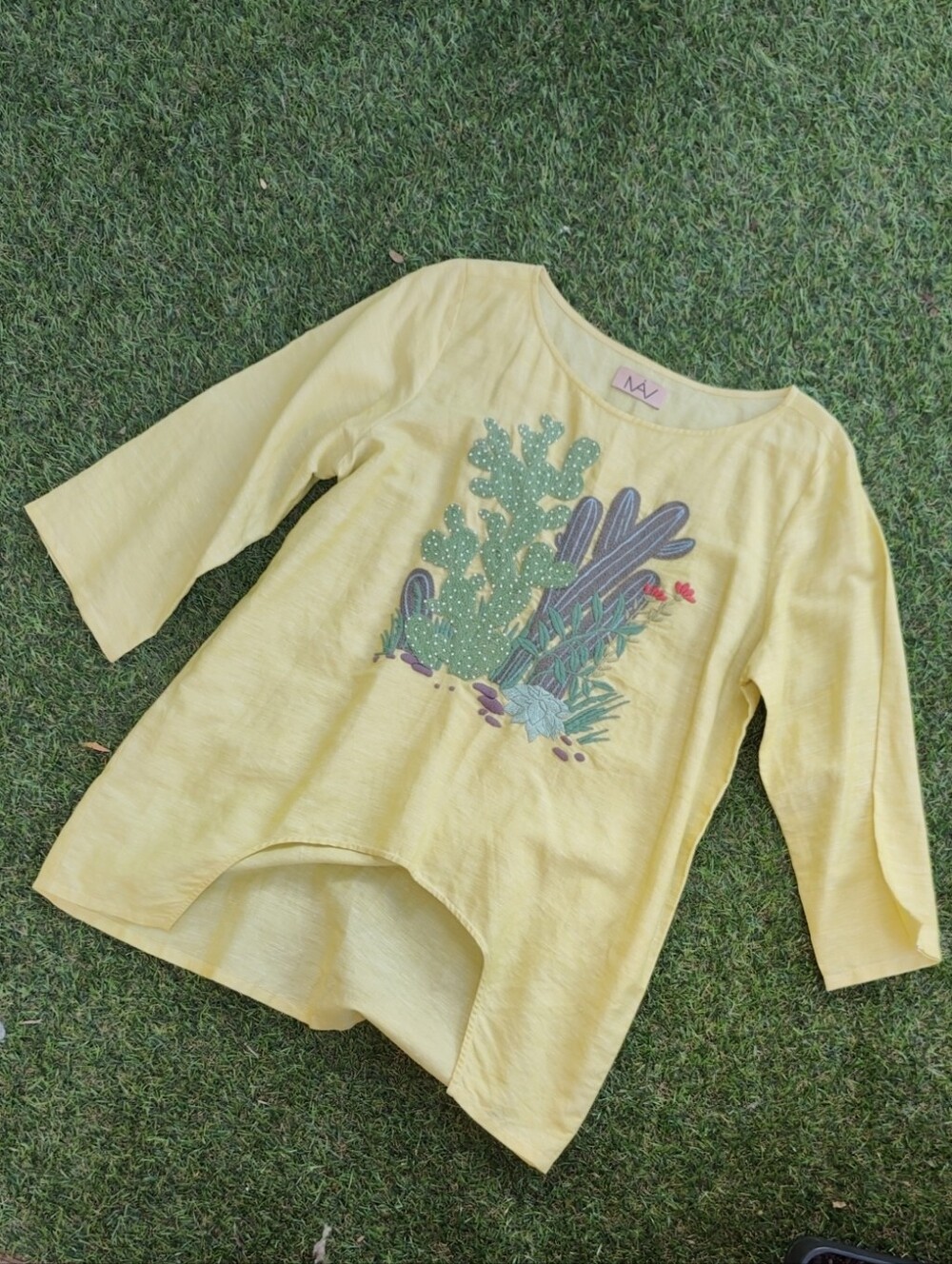 Lime Green Linen Cactus Embroidered Top